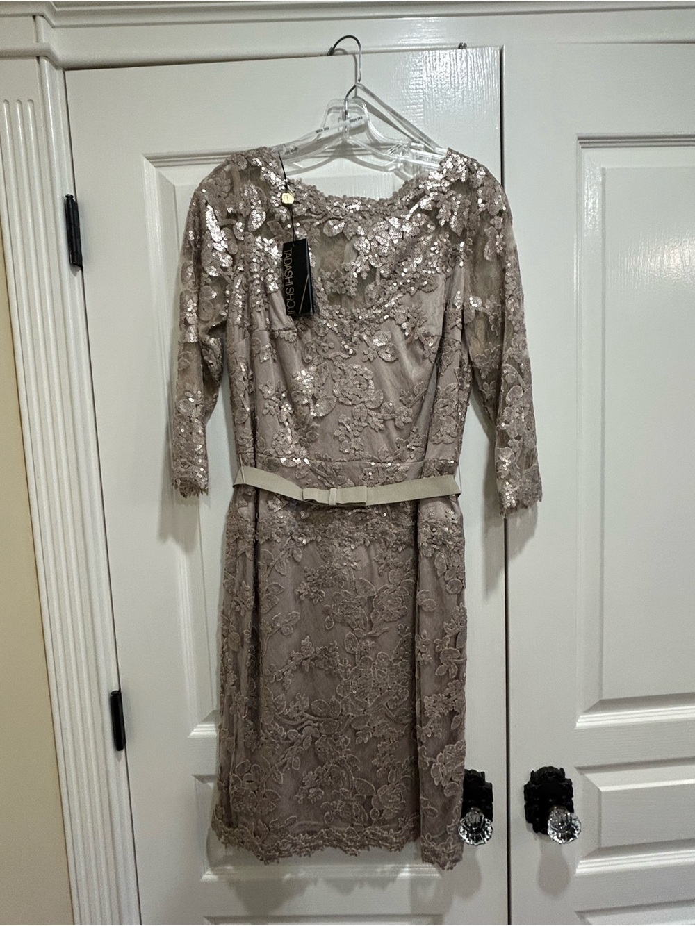 Tadashi Shoji Taupe Lace & Sequin Midi Dress with Belt